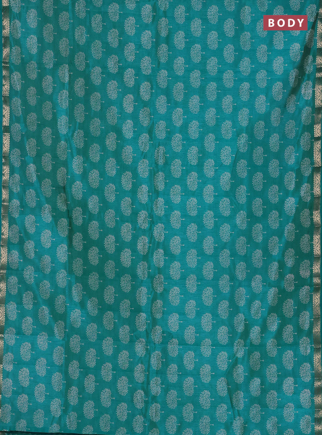 Semi raw silk saree teal blue with allover butta prints and zari woven border