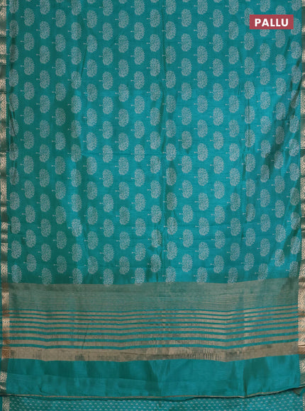 Semi raw silk saree teal blue with allover butta prints and zari woven border