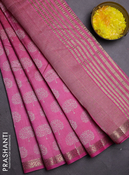 Semi raw silk saree pink with allover butta prints and zari woven border
