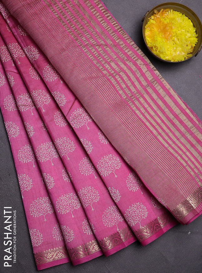 Semi raw silk saree pink with allover butta prints and zari woven border