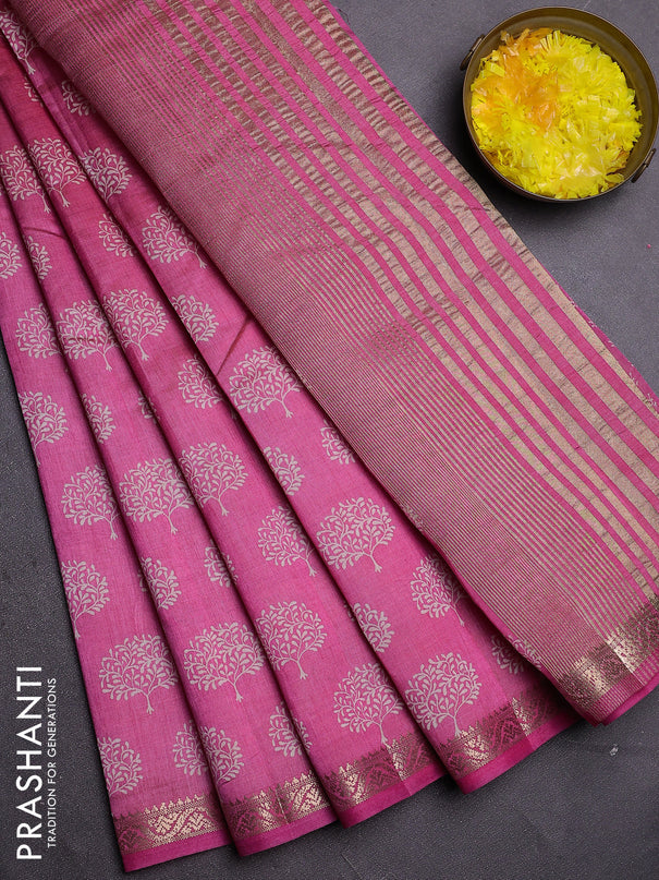 Semi raw silk saree pink with allover butta prints and zari woven border