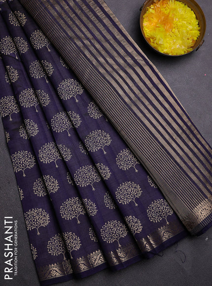 Semi raw silk saree navy blue with allover butta prints and zari woven border
