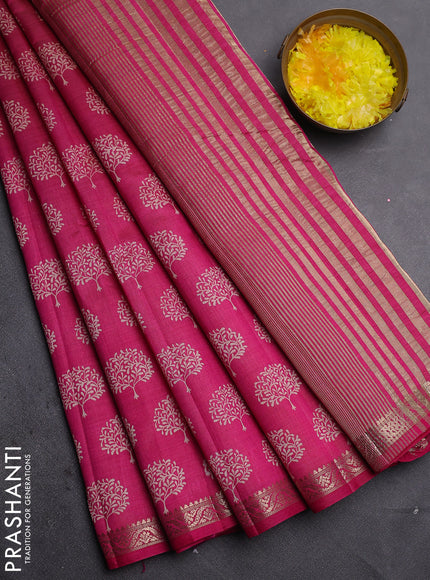 Semi raw silk saree dark pink with allover butta prints and zari woven border