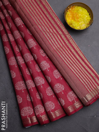 Semi raw silk saree maroon with allover butta prints and zari woven border