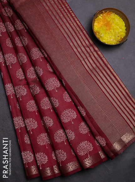 Semi raw silk saree maroon with allover butta prints and zari woven border