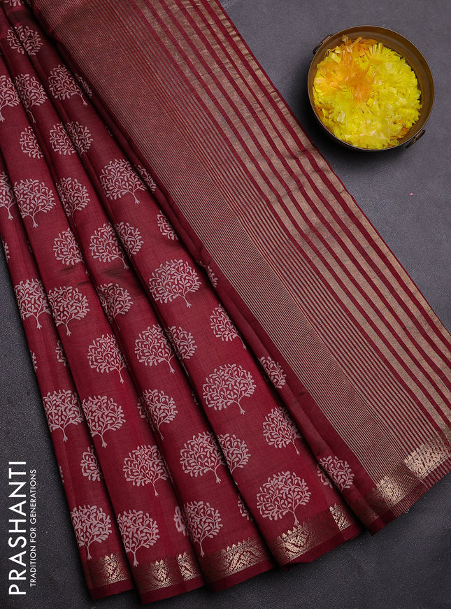 Semi raw silk saree maroon with allover butta prints and zari woven border