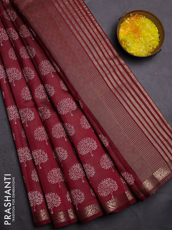 Semi raw silk saree maroon with allover butta prints and zari woven border