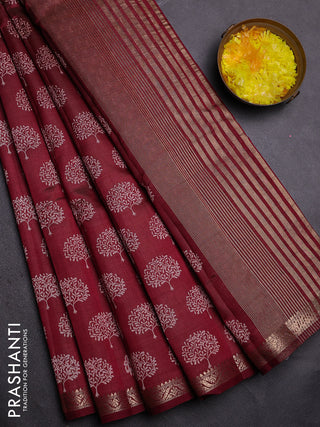 Semi raw silk saree maroon with allover butta prints and zari woven border
