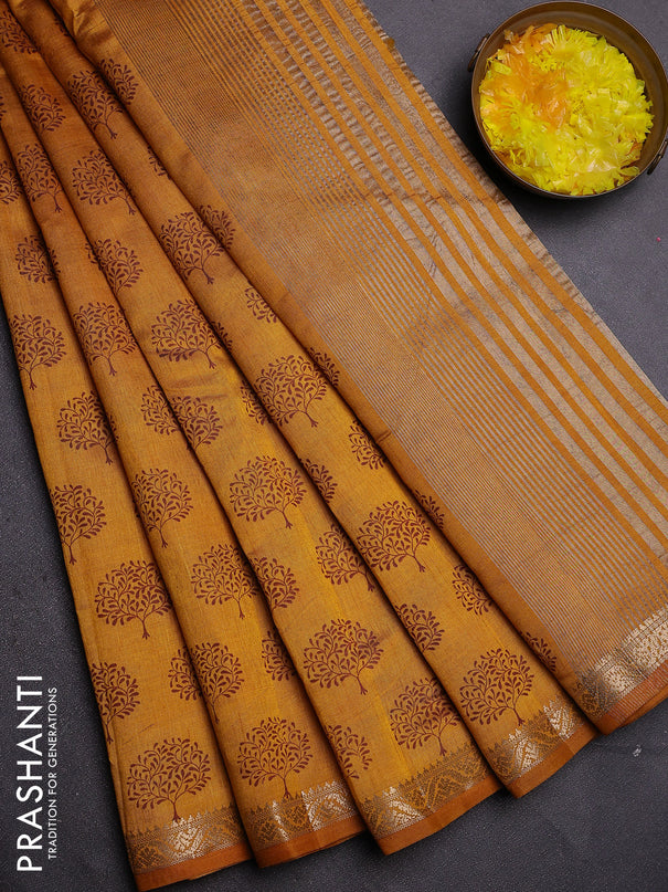 Semi raw silk saree mustard yellow with allover butta prints and zari woven border