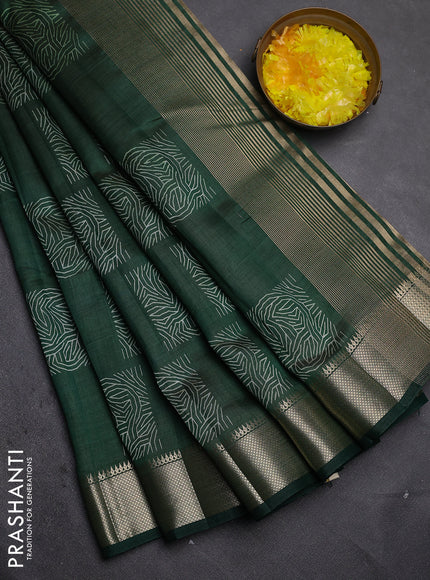 Semi raw silk saree bottle green with allover box type butta prints and zari woven border