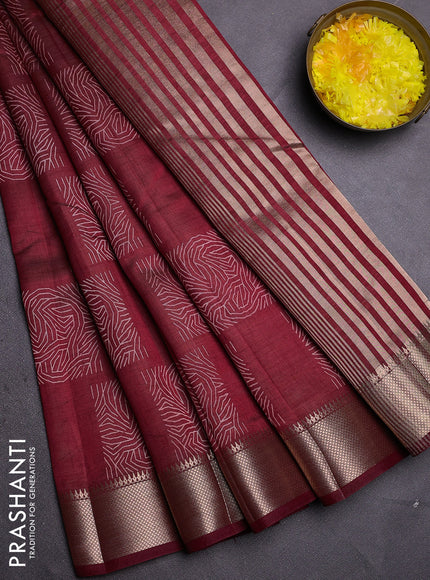 Semi raw silk saree maroon with allover box type butta prints and zari woven border