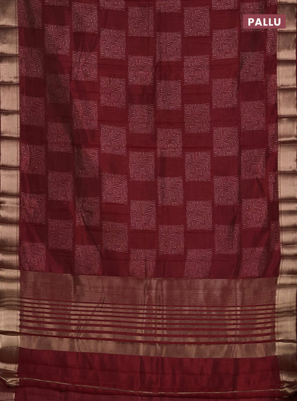 Semi raw silk saree maroon with allover box type butta prints and zari woven border