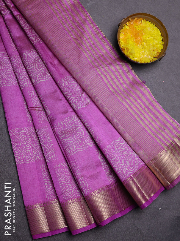Semi raw silk saree lavender with allover box type butta prints and zari woven border