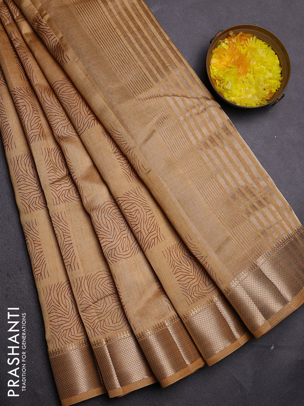 Semi raw silk saree sandal with allover box type butta prints and zari woven border