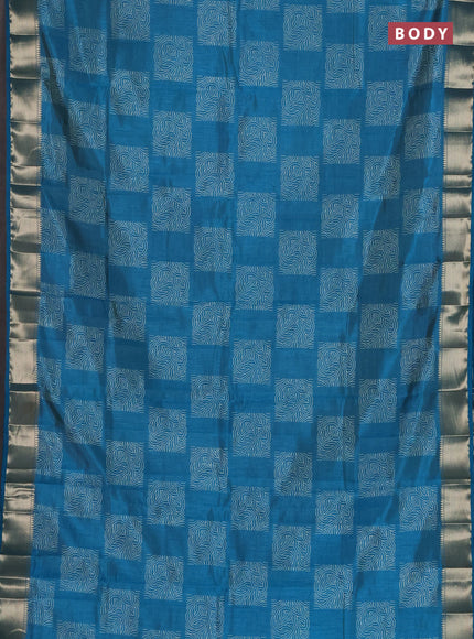 Semi raw silk saree teal blue with allover box type butta prints and zari woven border