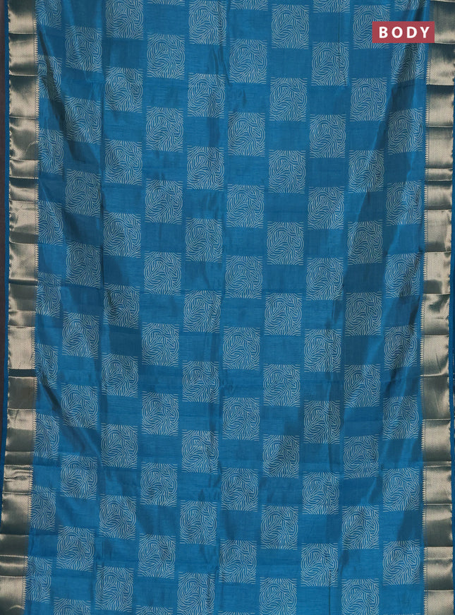 Semi raw silk saree teal blue with allover box type butta prints and zari woven border