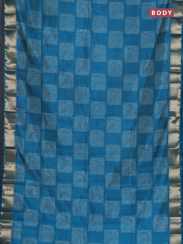 Semi raw silk saree teal blue with allover box type butta prints and zari woven border