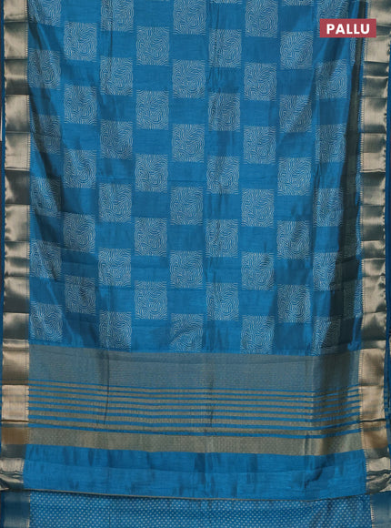 Semi raw silk saree teal blue with allover box type butta prints and zari woven border