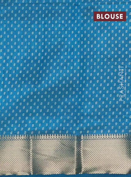 Semi raw silk saree teal blue with allover box type butta prints and zari woven border