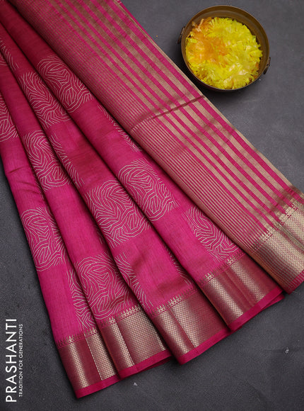 Semi raw silk saree dark pink with allover box type butta prints and zari woven border