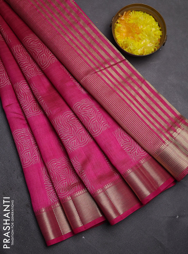 Semi raw silk saree dark pink with allover box type butta prints and zari woven border