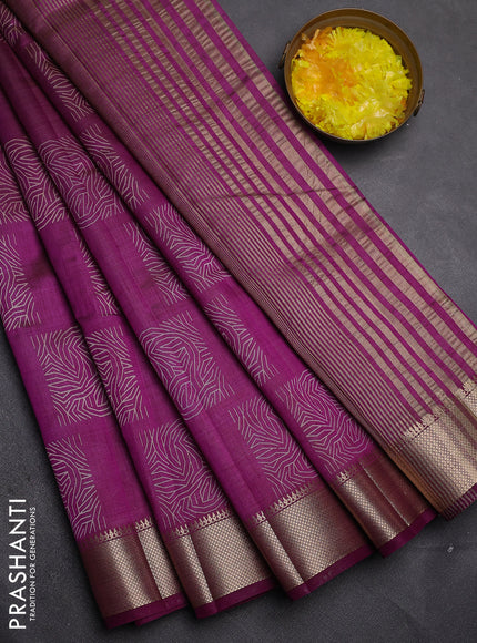 Semi raw silk saree deep purple with allover box type butta prints and zari woven border