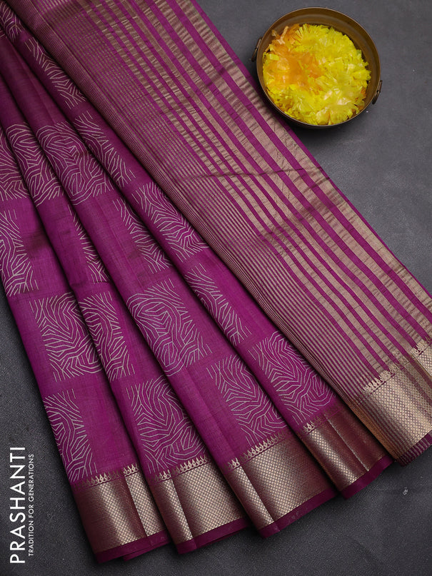 Semi raw silk saree deep purple with allover box type butta prints and zari woven border
