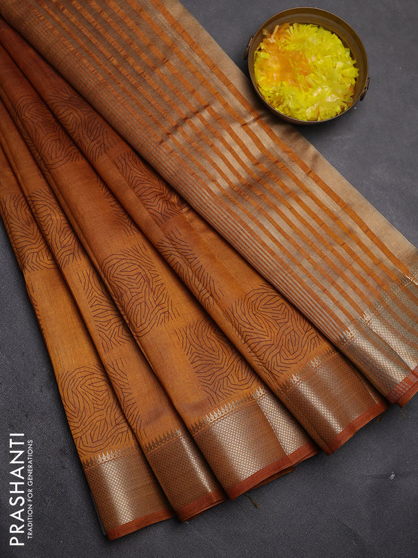 Semi raw silk saree mustard yellow with allover box type butta prints and zari woven border