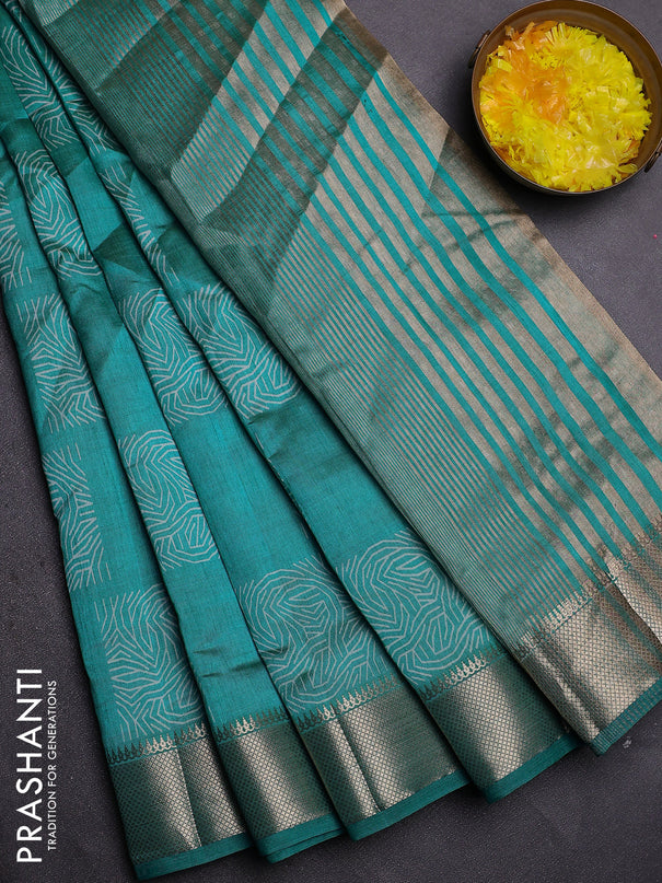 Semi raw silk saree teal blue with allover box type butta prints and zari woven border