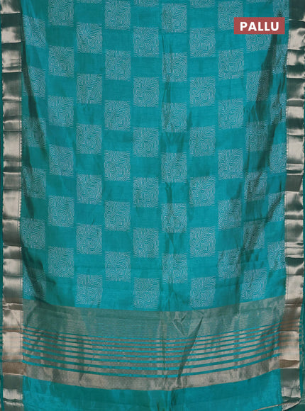 Semi raw silk saree teal blue with allover box type butta prints and zari woven border