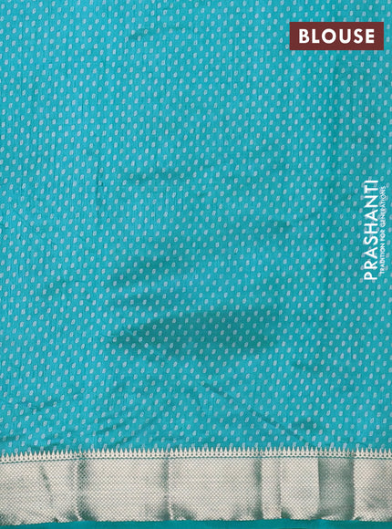 Semi raw silk saree teal blue with allover box type butta prints and zari woven border