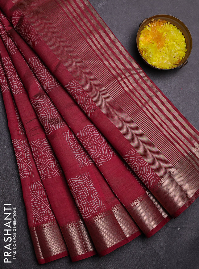 Semi raw silk saree maroon with allover box type butta prints and zari woven border