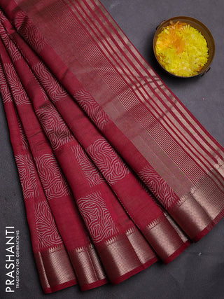 Semi raw silk saree maroon with allover box type butta prints and zari woven border