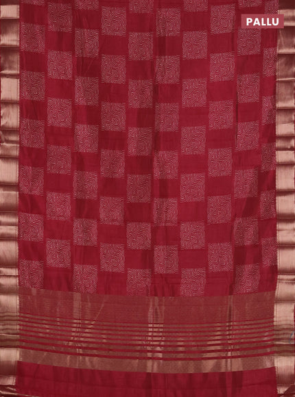 Semi raw silk saree maroon with allover box type butta prints and zari woven border