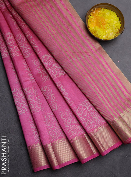 Semi raw silk saree pink with allover box type butta prints and zari woven border