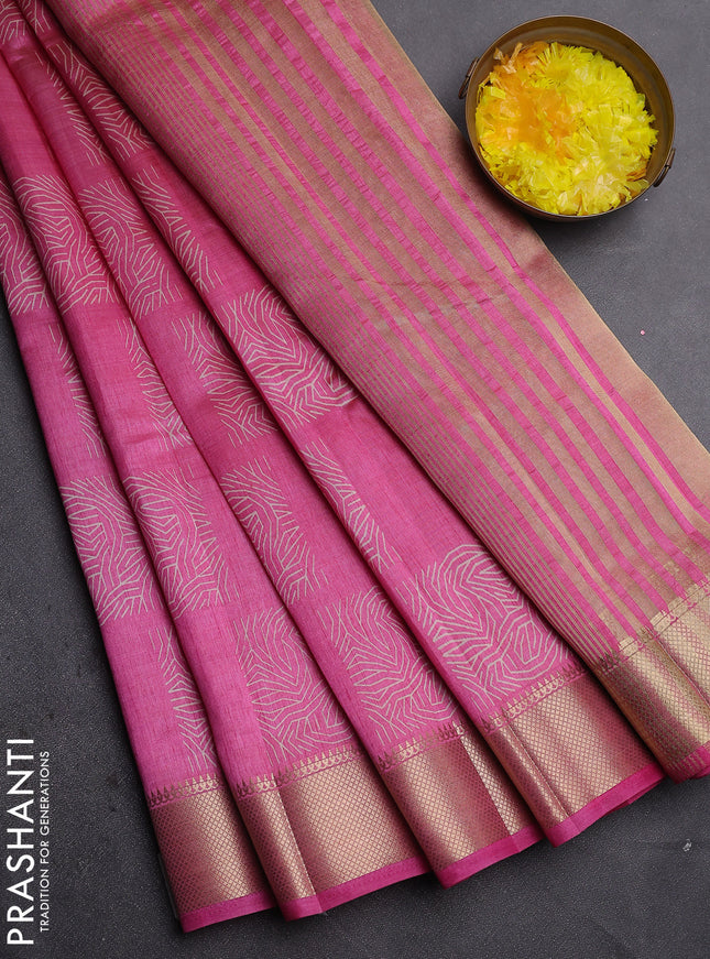 Semi raw silk saree pink with allover box type butta prints and zari woven border