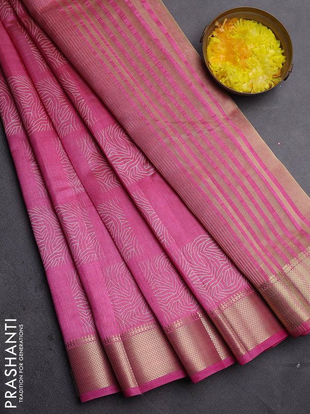 Semi raw silk saree pink with allover box type butta prints and zari woven border