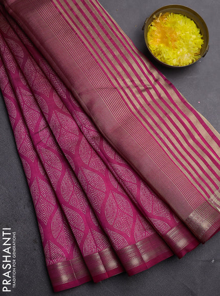 Semi raw silk saree dark pink with allover geometric prints and zari woven border