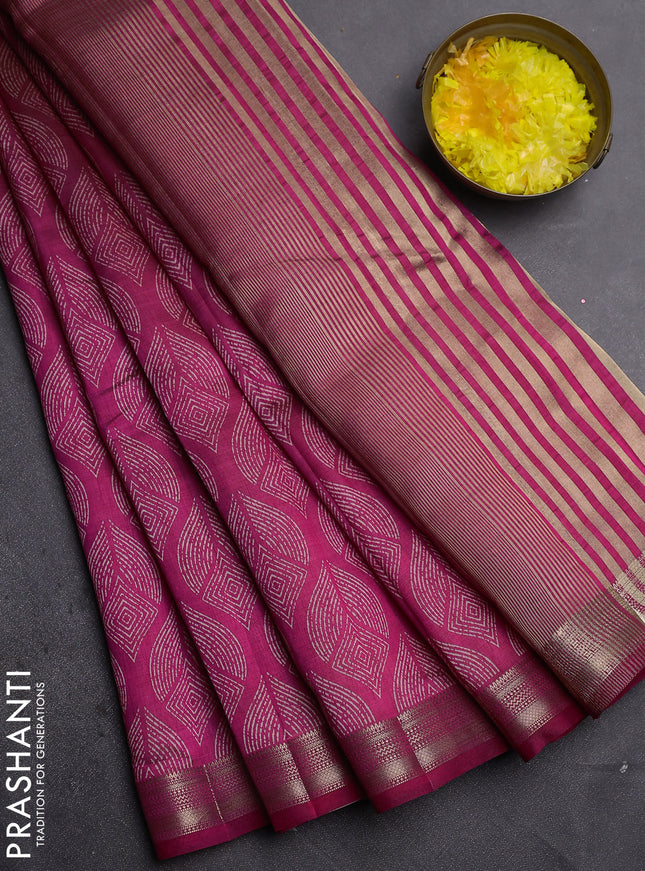 Semi raw silk saree dark pink with allover geometric prints and zari woven border