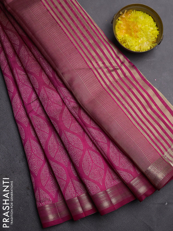 Semi raw silk saree dark pink with allover geometric prints and zari woven border