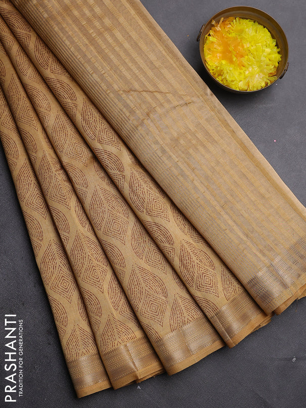 Semi raw silk saree sandal with allover geometric prints and zari woven border