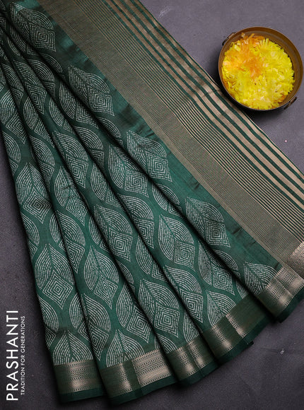 Semi raw silk saree bottle green with allover geometric prints and zari woven border