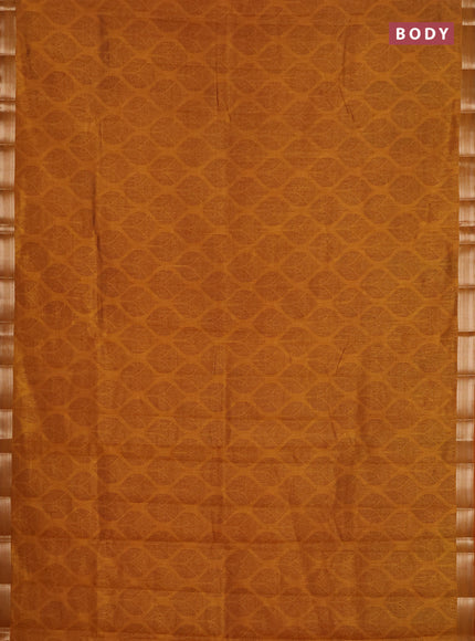 Semi raw silk saree dark mustard with allover geometric prints and zari woven border