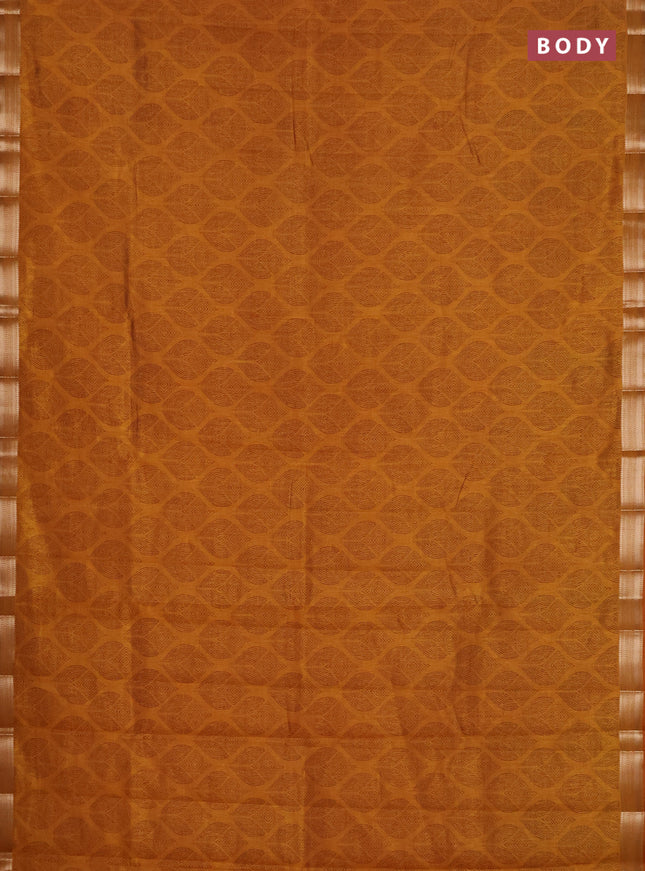 Semi raw silk saree dark mustard with allover geometric prints and zari woven border