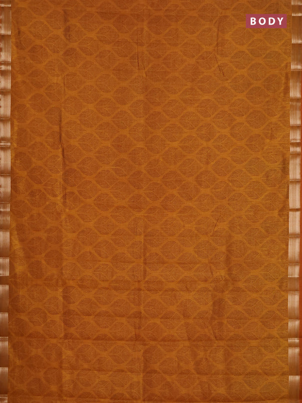 Semi raw silk saree dark mustard with allover geometric prints and zari woven border