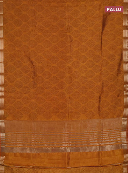 Semi raw silk saree dark mustard with allover geometric prints and zari woven border