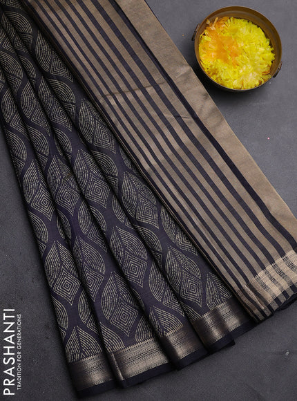 Semi raw silk saree black with allover geometric prints and zari woven border
