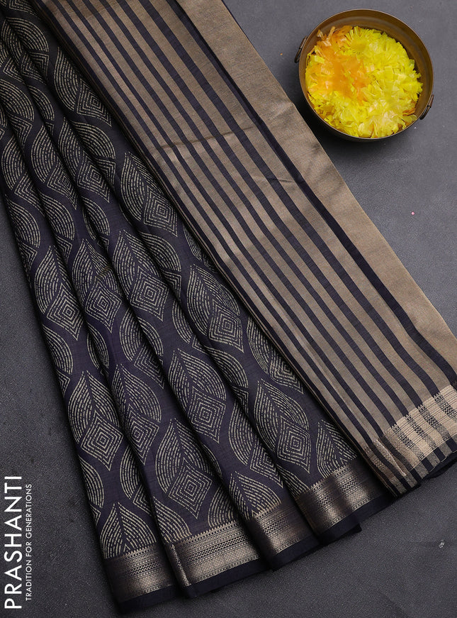 Semi raw silk saree black with allover geometric prints and zari woven border