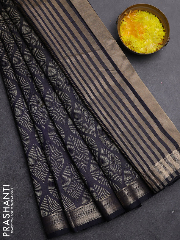 Semi raw silk saree black with allover geometric prints and zari woven border
