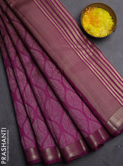 Semi raw silk saree deep purple with allover geometric prints and zari woven border
